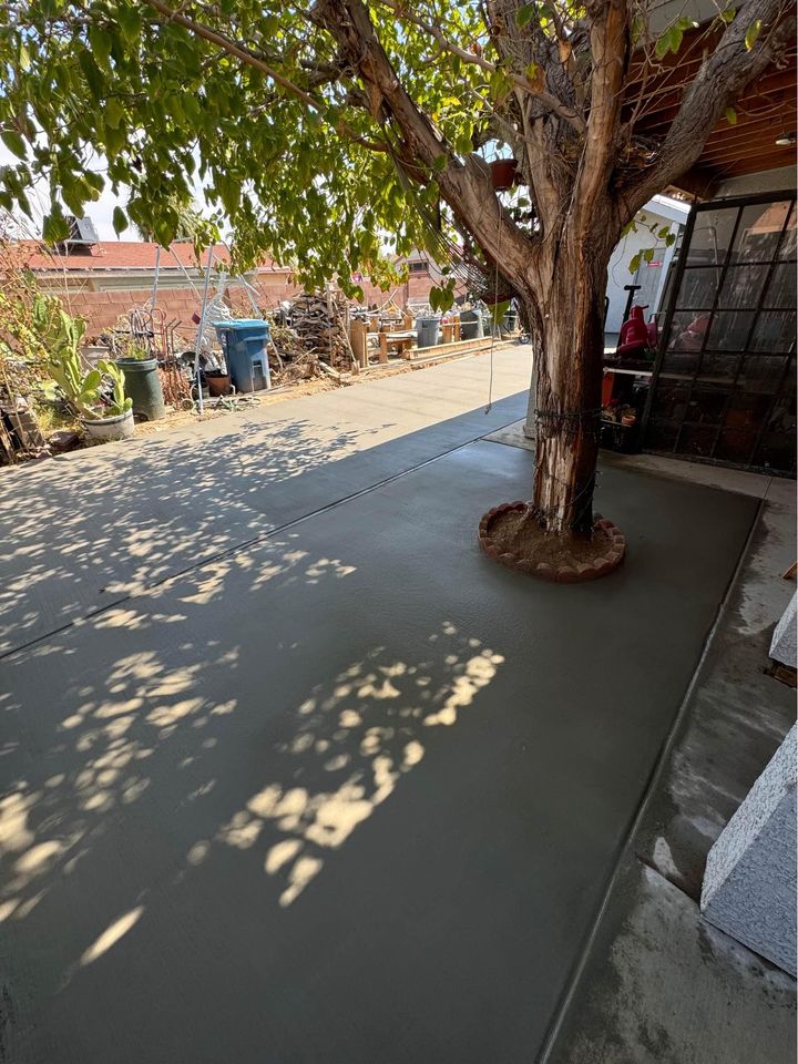 A freshly paved concrete slab surrounds a large tree in a Riverside CA backyard. Sunlight filters through the leaves, casting shadows on the surface. A brick wall, potted plants, and yard tools are visible in the background, thanks to expert foundation contractors' craftsmanship.